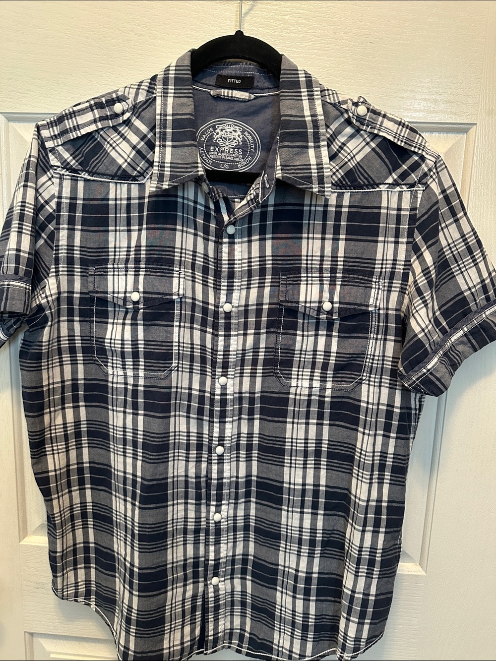 Express Men's Fitted Plaid Short-Sleeve Button-Up Shirt 100% Cotton Size L